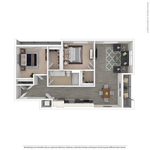 Floor plan for 2 beds, 1 bath, 966 sqft